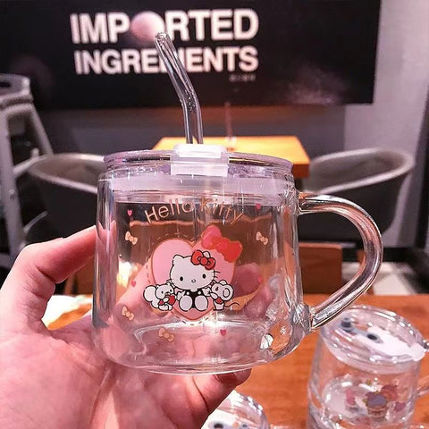 Hello Kitty Glass Cup with Lid & Straw | Cute Cartoon Mug