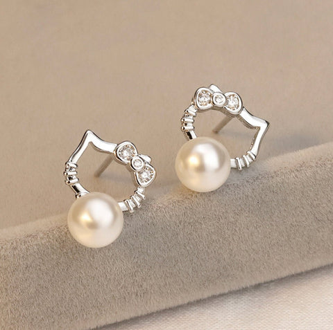 Hello Kitty 925 Sterling Silver Pearl Earrings 8mm - Hello Kitty Camp